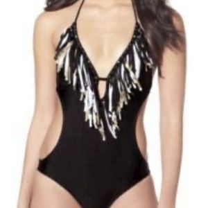 BLACK & GOLD FRINGE MONOKINI NWOT XL